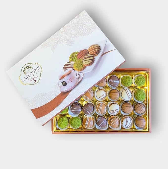 Zaitoune Mixed Chocolate & Pistachio Petit Fours – 12 oz | Gourmet Assorted Petit Fours Cakes with Pistachio | Luxury Chocolate-Covered Arabic Sweets in an Elegant Gift Box | Perfect for Sharing & Gifting