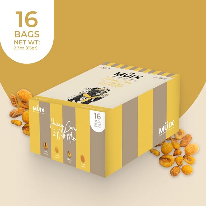 Müix Snacks, Premium Snack Mix: Honey Mix - 2.3 Ounce Bags (Pack of 16 Bags), Healthy Trail Mix, Snack Mix (XL Corn, TexMex Peanut, Honey Corn and Peanut)