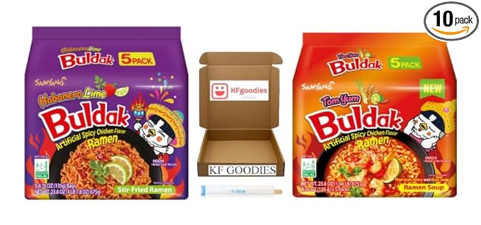 KF GOODIES Korean Ramen Variety Pack Gift Box (10 Count) – Spicy Buldak Noodle Assortment for Birthdays, College Care Packages, Office Snacks, and Gift Baskets