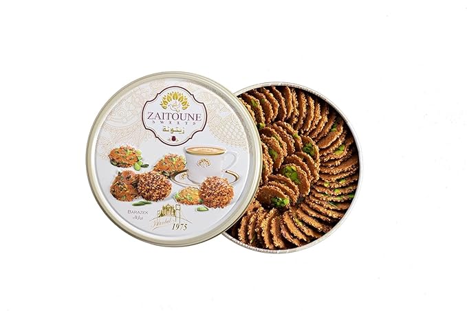 Zaitoune Barazek Cookies - 250 g | Luxurious Crunchy Sesame & Pistachio Biscuits Handcrafted in Turkey | Beautiful Reusable Gift Tin | Perfect for Coffee or Tea | Great Ramadan Sharing Present