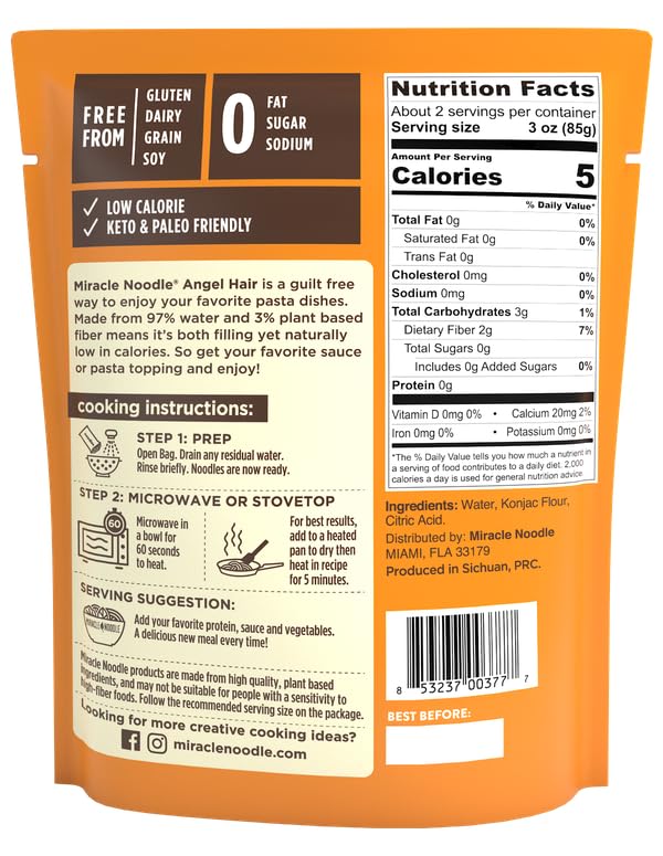 Miracle Noodle Ready to Eat Angel Hair Pasta, 7 Oz (Pack of 6), Plant Based Shirataki Konjac Noodles, 5 Calories, 1g Net Carbs Per Serving, Keto, Gluten-Free