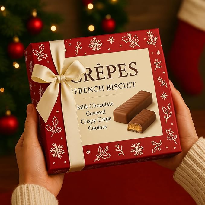 Luxury Crepes French Biscuit Gift Box, Milk Chocolate Covered Crispy Crepe Cookies – European Gourmet Chocolate Biscuits in Elegant Gift Packaging, 19.36 oz – Valentines Chocolate & Christmas Gift Box.Package May Vary
