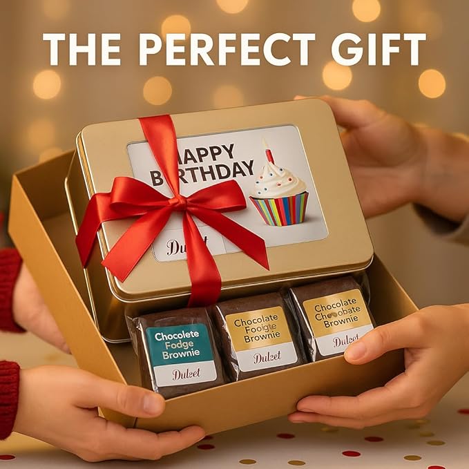 Birthday Gift Basket for Women - 18 Individually Wrapped Brownies Freshly Baked in a Variety of Flavors - Dulcet's Signature Flavored Fudge Brownies - Gift Box Comes with Happy Birthday Card