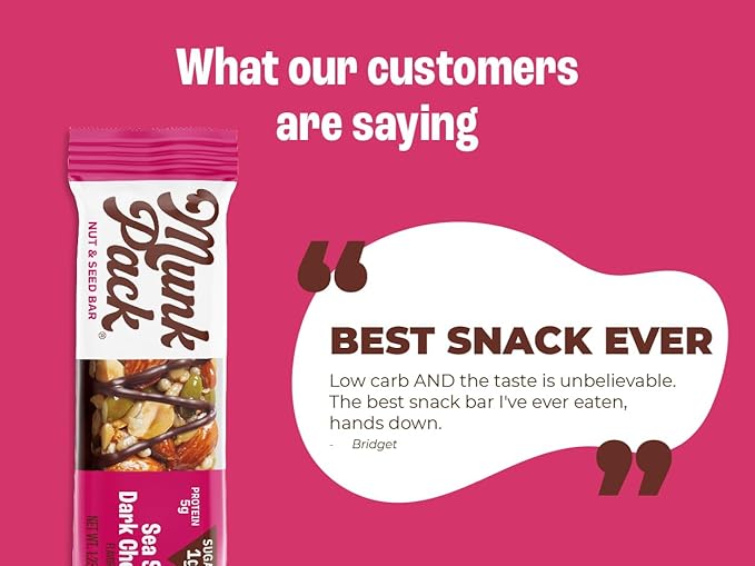Munk Pack Sea Salt Dark Chocolate Nut & Seed Snack Bars | 5g Protein, 1g Sugar, 3g Net Carbs | Plant-Based, Low Sugar, Non-GMO, Gluten-Free Snacks | 12 Count (4.92 oz)
