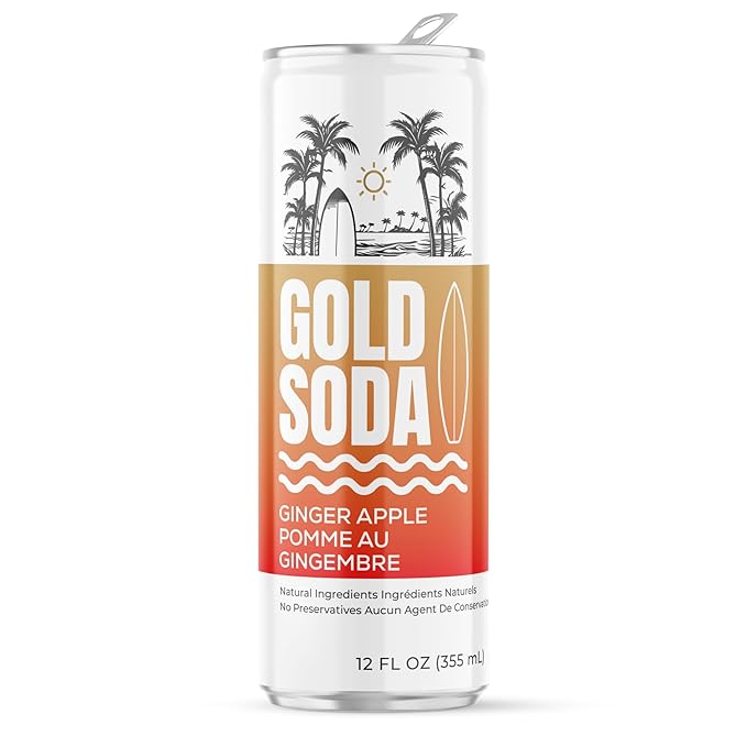 Gold Soda - Natural Ingredients - Organic Cane Sugar - Non-GMO - No Preservatives - Monk Fruit - Sparkling Water - Made with Natural and Organic Flavors,12 Fl Oz (24 Pack) (24 Pack, Ginger Apple)