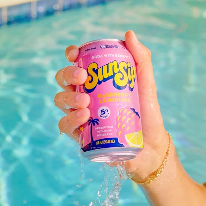 SunSip Prebiotic Soda With Benefits - Gut-Healthy Beverage with Vitamins and Minerals, 25 Calories, Soda Alternative, Naturally Sweetened with 5g of Sugar, 11.5 oz (12 Pack) Raspberry Lemonade