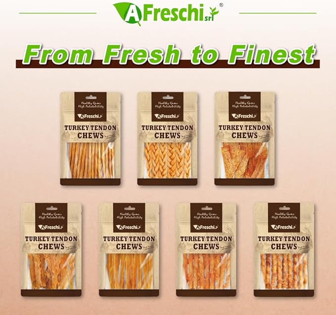 A Freschi srl Turkey Tendons for Dogs, Healthy Dog Treats, Rawhide-Free Puppy Chews, All Natural, Hypoallergenic Dog Treats, USA-Sourced Dog Snack, Dog Biscuit, Braided Sticks, 3.5 oz Pack