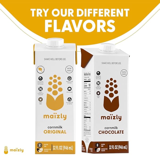 Maizly Original Corn Milk 32 fl oz x 2 | Non‑GMO Corn Milk Alternative | Allergen‑Free, Seed‑Oil‑Free, Smooth & Neutral Flavor | Excellent Source of Fiber & Vitamins A, D, E and a Good Source of Calcium | Ideal for Coffee, Cooking, Baking & Daily Use