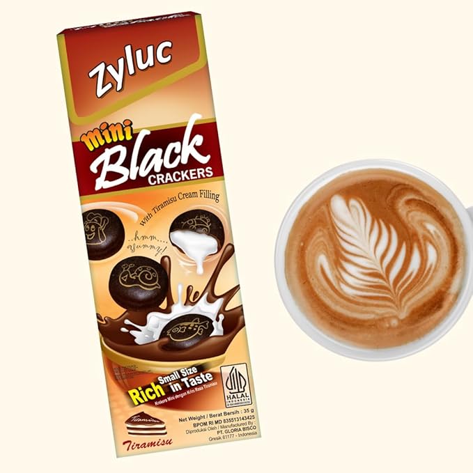 Zyluc Mini Black Crackers – Tiramisu Flavored Snack with Coffee Cocoa Blend – 35g Portable Pack – Light Crunch, Halal Certified, Made with Non-GMO Ingredients – Product of Indonesia – Pack of 10