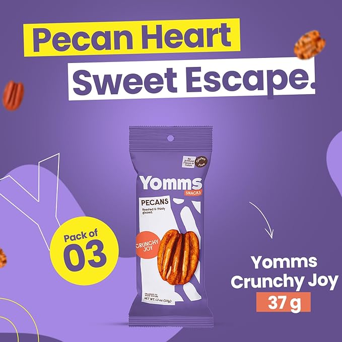 Yomms Crunchy Joy Glazed Whole Pecan Halves, 3.9 oz (3 Pack), Gluten-Free & Non-GMO Healthy Dessert Snacks β Low Sugar Classic Candied Nut Pouches β Gourmet Roasted Snacking Pecans β 1.3oz Individual Bags