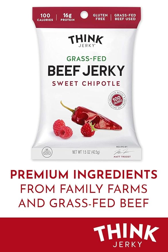 Think Jerky Sweet Chipotle Beef Jerky, Grass-Fed High Protein Beef, Gluten Free, No Antibiotics or Nitrates, Healthy Chef Crafted Recipe, Low Calorie and Low Fat - 1.0 oz Bags, 12 Pack
