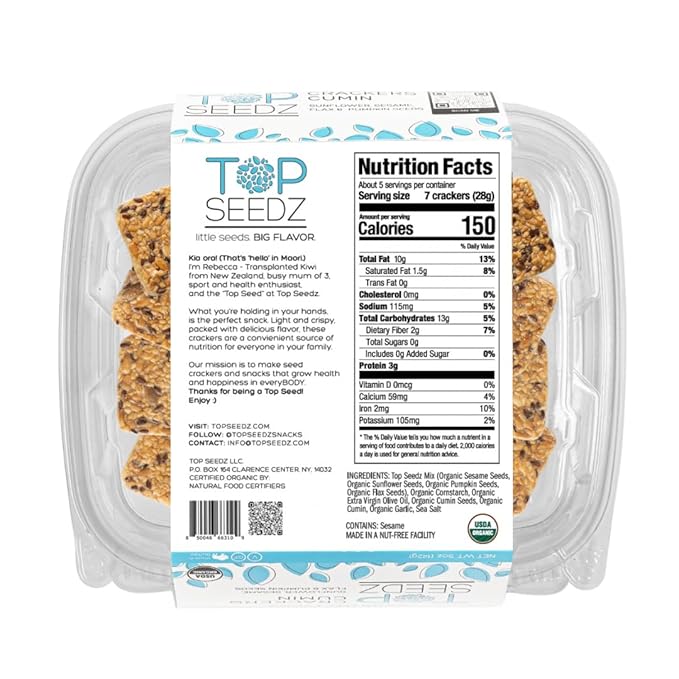 Top Seedz Certified Organic Gluten Free Cumin Seed Crackers | 2-Pack | 5 Ounces | Healthy Vegan Crackers with Plant Based Protein | Made of Sunflower, Flax, Sesame and Pumpkin Seed