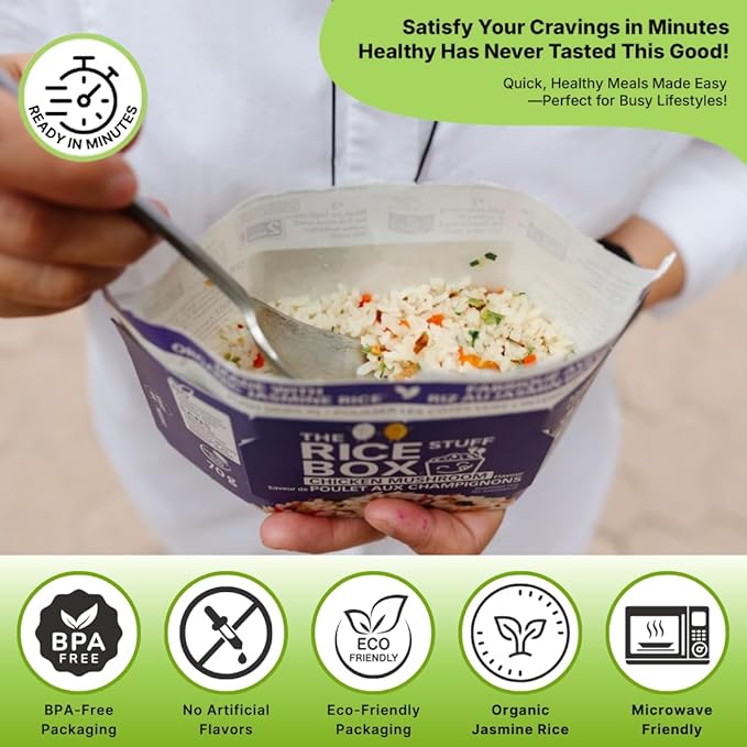The Rice Stuff Box - Chicken Mushroom Instant Rice Meals, 6-Pack, Organic Jasmine Rice, NON-GMO, Gluten-Free, Vegan, Dairy-Free (Pack of 6)