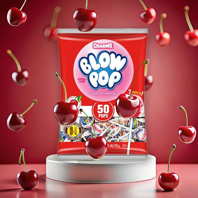 Charms Blow Pop Single Flavor Bag - Cherry Flavored Lollipops with a Bubble Gum Center - Individually Wrapped Hard Candy - Red Candy - Peanut Free, Gluten Free, 50 Count (Pack of 1)