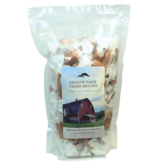 Oregon Farm Fresh Snacks Salted Caramel Gourmet Candy - Individually Wrapped Candy - Vanilla & Sea Salt Caramels - Soft & Chewy Oregon Products (16oz.)