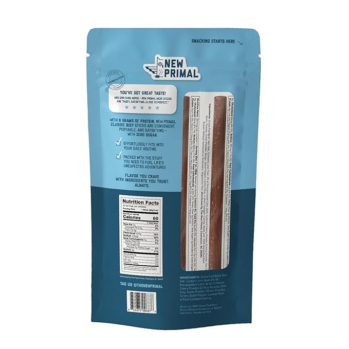 The New Primal Grass Fed Beef Sticks, Keto, Gluten Free Healthy Snacks for Adults, Sugar Free Low Carb High Protein Snack, Paleo Whole30 Jerky Meat Stick, 8g Protein, 90 Calories, 5 Pack
