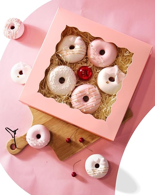 qiqee 8x8x2.5 Inch Pink Pastry Box With Window Donut Pie Boxes 12pcs Bakery Box (Auto-pop Up)
