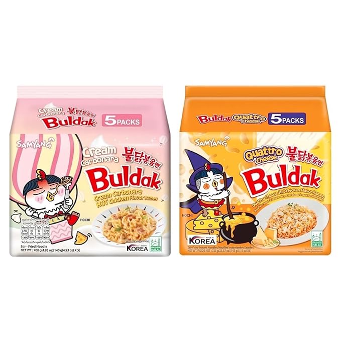 Samyang Buldak Hot Spicy Chicken Ramen Noodle Korean Stir-Fried Ramen, Cream Carbonara & Quattro Cheese Flavor (5 Pack Each)