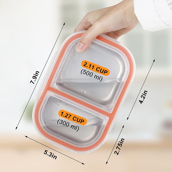 2 Pack Stainless Steel Snack Containers with Lids, 2-Compartment 27oz Leakproof Snack Box for Kids & Adults, Reusable Food Storage Container for School, Office, Travel, Portion Control