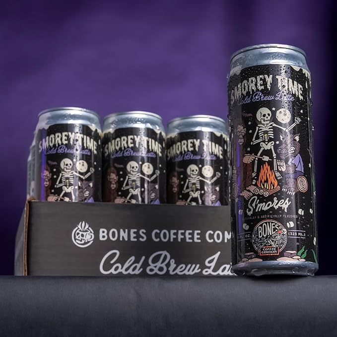 Bones Coffee Company S'morey Time Latte S'mores Flavored Coffee, Medium Roast Ready To Drink Iced Coffee in Can, 11 Fl Oz Can (12 Pack)