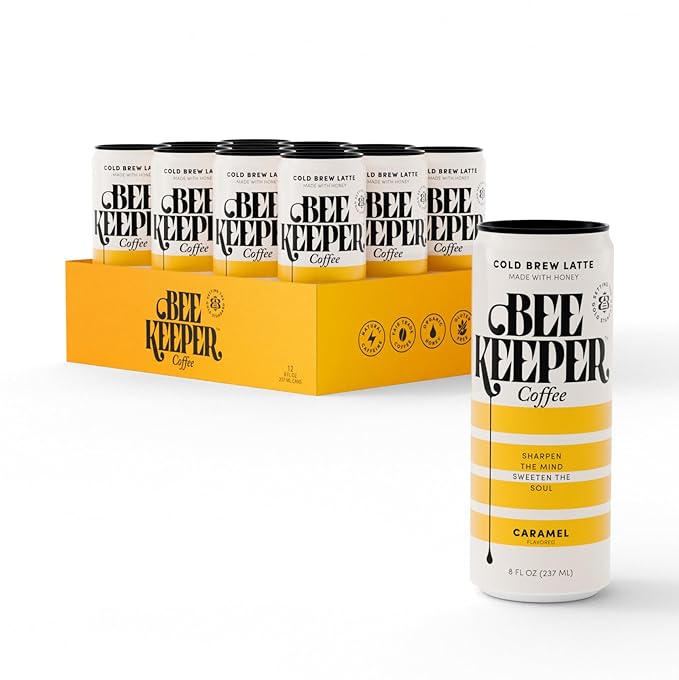 Beekeeper Caramel Cold Brew Coffee Drinks with Oregon Honey | 12 Pack Refreshing Iced Coffee - Unsweetened & Strong Arabica Brew, 8 fl oz Ready-to-Drink Can - 180mg Natural Caffeine
