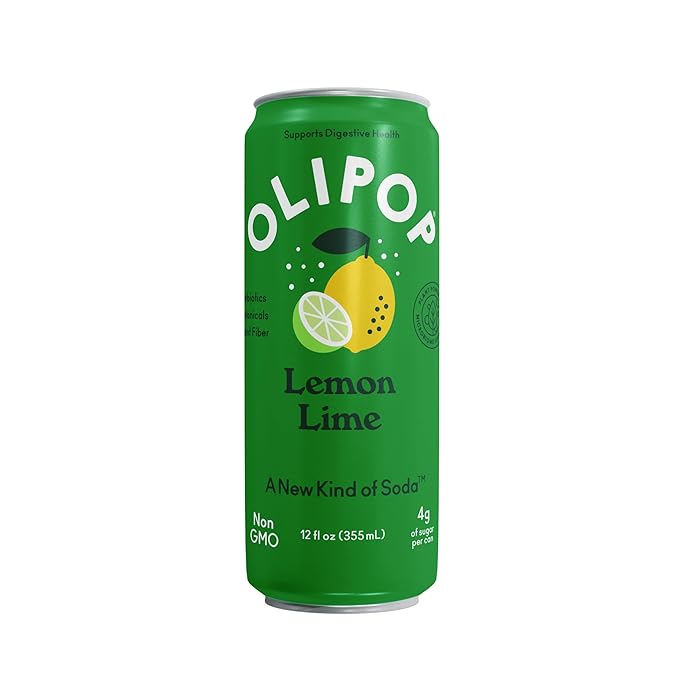 OLIPOP Prebiotic Soda Pop, Lemon Lime, Pantry Pack Packed with Prebiotics, Fiber, and Botanicals, Gluten Free, Vegan, GMO Free, 12oz Skinny (12-Cans)