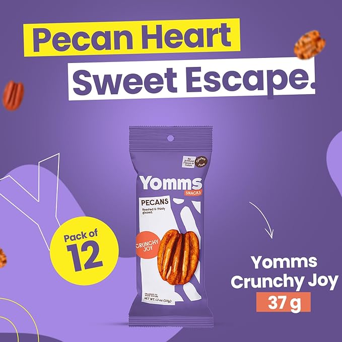Yomms Crunchy Joy Glazed Whole Pecan Halves, 15.6 oz (12 Pack), Gluten-Free & Non-GMO Healthy Dessert Snacks β Low Sugar Classic Candied Nut Pouches β Gourmet Roasted Snacking Pecans β 1.3oz Individual Bags