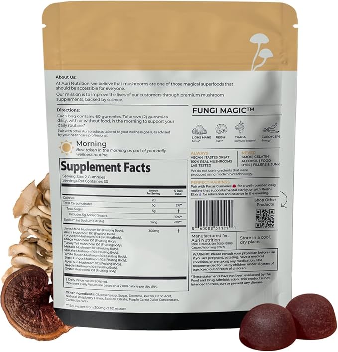 Auri Super Mushroom Daily Gummies – All-in-One Functional Gummy with 12 Mushroom Blend Including Lion’s Mane, Reishi, Chaga & Cordyceps – 60 Gummies