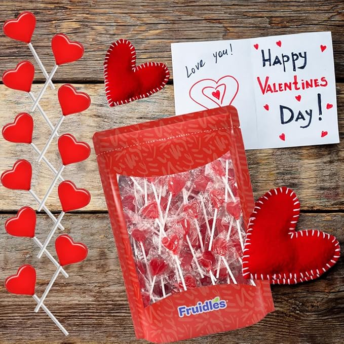 Fruidles Valentines Day Lollipops Mini Red Heart Shaped Strawberry Flavored Lollipop, Individually Wrapped, 5g Lollipops (1600 Lollipops)