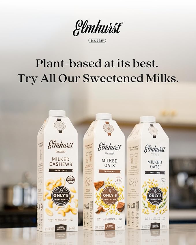 Elmhurst 1925 Sweetened Oat Milk - 32 Ounce (Pack of 6) Dairy-Free, Vegan, Kosher, Gluten-Free, Shelf Stable Plant Based Milk Made with Whole Grain Oats for Healthier Coffee, Latte & Smoothies