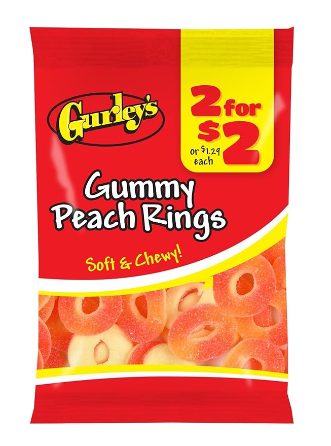 Gurley's Juicy Peach Gummi Rings, Sweet with a Tangy Twist (Pack of 12)