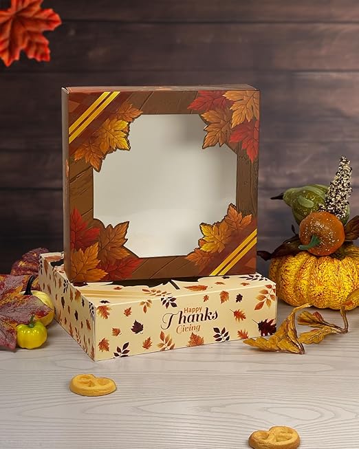 qiqee Thanksgiving Auto-pop up Cookie Boxes with Window 12packs 8x8x2.5 Inch Bakery Box Pastry Box for Thanksgiving