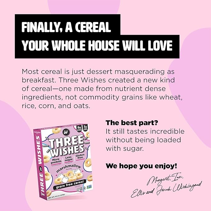 Three Wishes Grain-Free & Protein Cereal - Healthy, Low Sugar & Gluten-Free Breakfast Cereal - Low Carb, Plant-Based, Vegan & Non-GMO - Marshmallow, 6-Pack