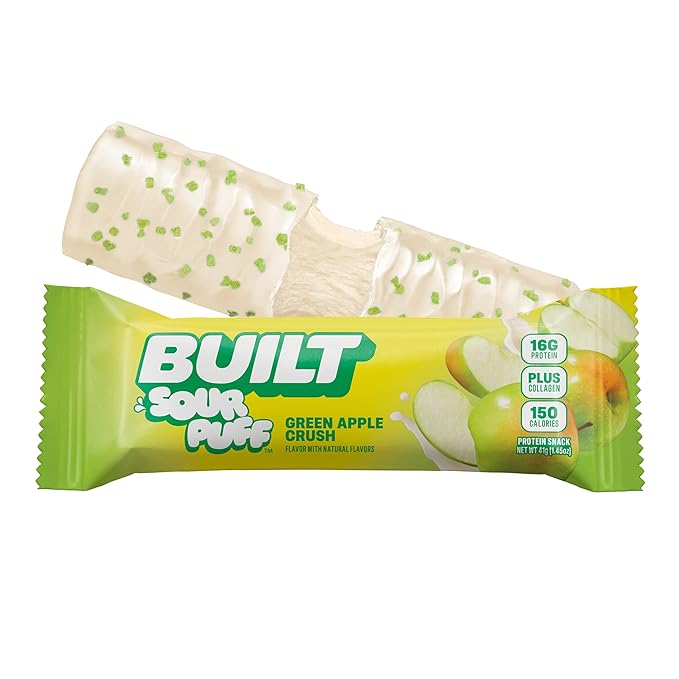 Built Bar, Sour Puff Protein Bars, Green Apple Crush, Collagen, On-the-go Snacks, Sour Candy Snack, 12 Pack