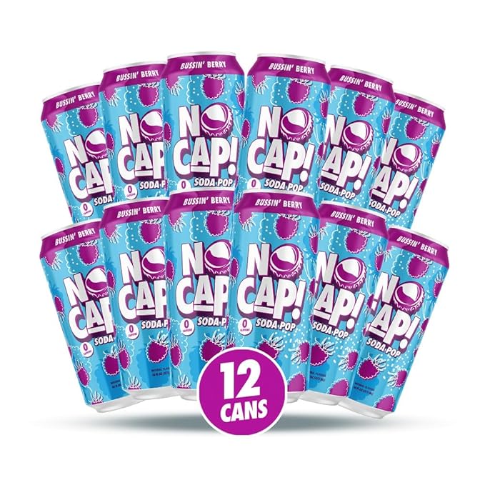 NO CAP! Next Gen Soda Pop with Zero Sugar, Zero Calories and Electrolytes for Hydration, Naturally Flavored Caffeine-Free Soda, Vegan & Gluten-Free, 16 oz Cans (Bussin Berry)