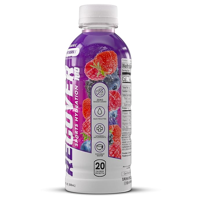 RECOVER 180 Organic Sports Hydration Drink, No Sugar Added, 20 Calorie Sports Beverage, Organic Flavors With Vitamins, Potassium-Packed Electrolytes (16.9 Fl Oz (Pack of 12), Super Berry)