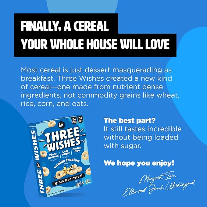 Plant-Based and Vegan Breakfast Cereal by Three Wishes - Frosted, 1 Pack - More Protein and Less Sugar Snack - Gluten-Free, Grain-Free - Non-GMO