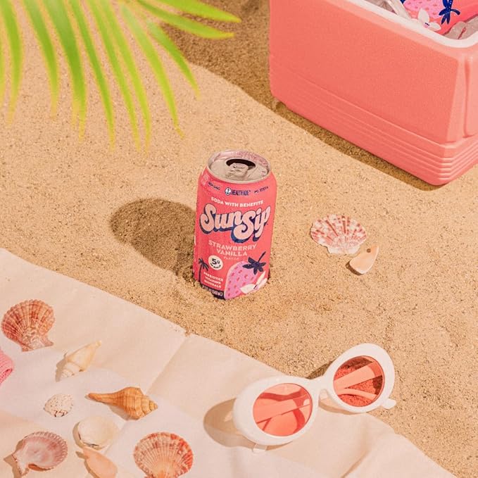 SunSip Prebiotic Soda With Benefits - Gut-Healthy Beverage with Vitamins and Minerals, 25 Calories, Soda Alternative, Naturally Sweetened with 5g of Sugar, 11.5 oz (12 Pack) Strawberry Vanilla