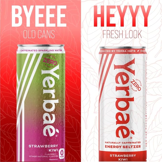 Yerbaé Energy Seltzer - Strawberry Kiwi, No Sugar/Calories/Carbs. Energized by Yerba Mate, Naturally Caffeinated Plant-Based, Healthy Alternative to Coffee/Sugary Sodas, Pack of 12, 12oz cans