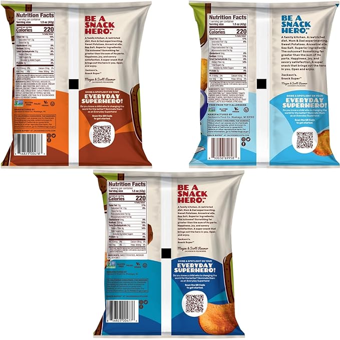 Jackson’s Sweet Potato Kettle Chips Avocado Oil Variety Pack made with Premium Oils (1.5 oz, Pack of 10) Sea Salt, Ranch and BBQ Flavors - Allergen-friendly, Gluten Free, Vegan