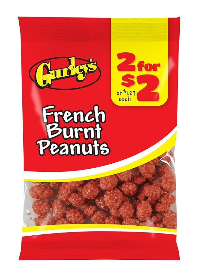Gurley's Old Fashioned French Burnt Peanuts, Candy Coated Spanish Peanuts, Snack Size Bags, High Protein Treats (Pack of 12)