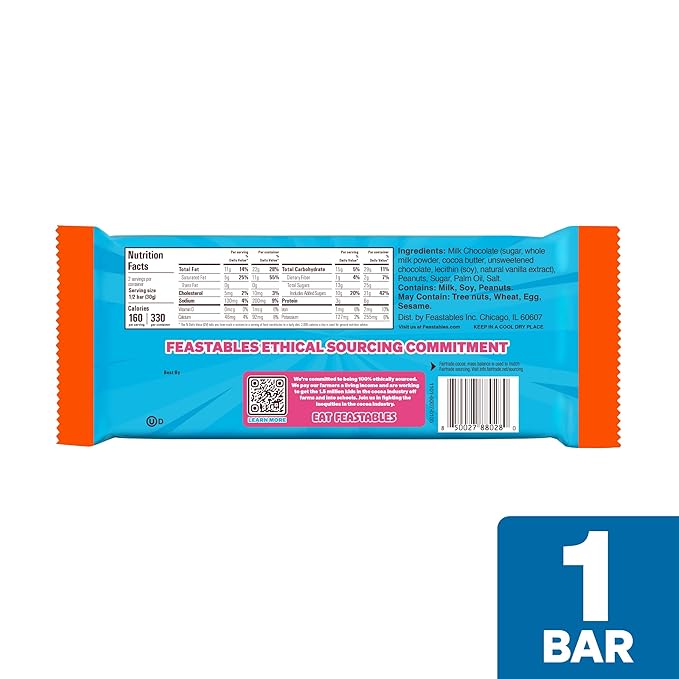Feastables MrBeast Peanut Butter Milk Chocolate Chocolate Bar, King Size Candy Bar for Adults & Kids, Candy Bars for Snacks, Gifts, & Dessert, Sweet & Creamy Fairtrade Cocoa, 2.1 Oz Each, 10 Count