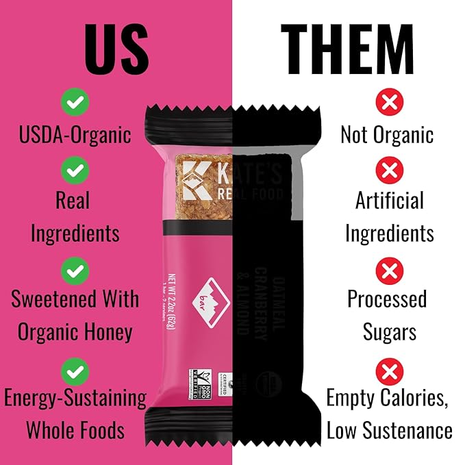 Kate’s Real Food Organic Energy Bars, Non-GMO, All-Natural Ingredients, Gluten-Free and Soy-Free Healthy Snack with Natural Flavors, Oatmeal Cranberry & Almond (Pack of 6)