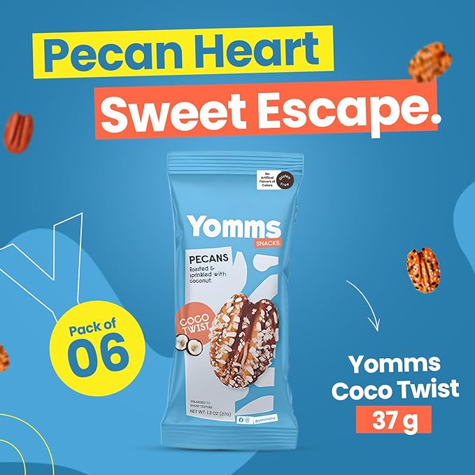 Yomms Coco Twist Glazed Whole Pecan Halves, 7.8 oz (6 Pack), Gluten-Free & Non-GMO Healthy Dessert Snacks β Low Sugar Coconut & Crunchy Candied Nut Pouches β Gourmet Roasted Snacking Pecans β 1.3oz Individual Bags
