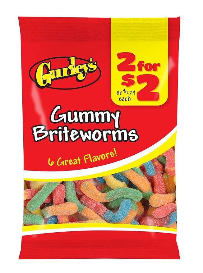 Gurley's Gummi Briteworms, Neon-Colored, Tangy Gummy Worms (Pack of 12)