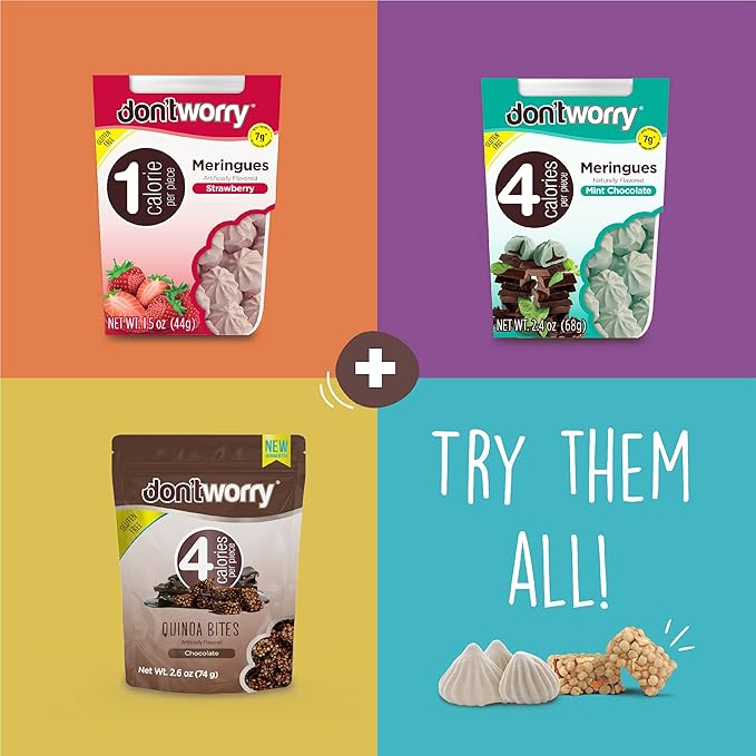 Don't Worry Low Calorie Meringue Cookies - 4 Pack - Strawberry and Vanilla, Just 1 Calorie per Piece | Low Sugar Candy, Gluten Free, Protein Snacks | Keto Friendly and Healthy Snacks for Adults
