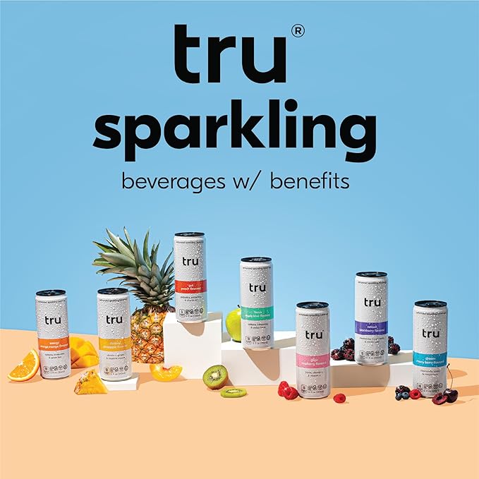 Tru Energy Seltzer, Sparkling Water with Natural Caffeine, Orange Mango Juice, Green Tea Extract & B Vitamins, Lightly Carbonated Energy Drink, Gluten Free, Vegan, Low Calorie, 12 FL OZ Cans, 12 Pack