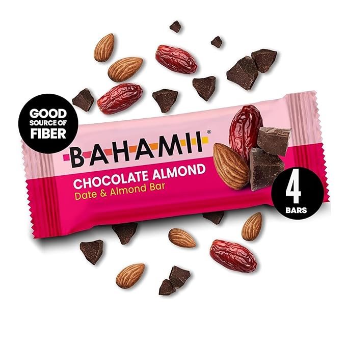 Bahamii Snack Bars, Made with Dates & Nuts, Healthy Snacks, Gluten Free, Good Source of Fiber, Only 6 Ingredients, For Kids & Adults, No Added Sugar, Vegan, 4 Pack, Chocolate Almond
