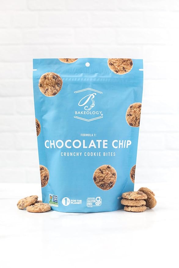 Bakeology Gluten Free Cookies - Chocolate Chip Crunchy Mini Vegan Cookie Bites - Gluten Free Dairy Free Snacks - Enjoy Plant Based Dessert Sweets - Made with Coconut Oil and Pure Ingredients