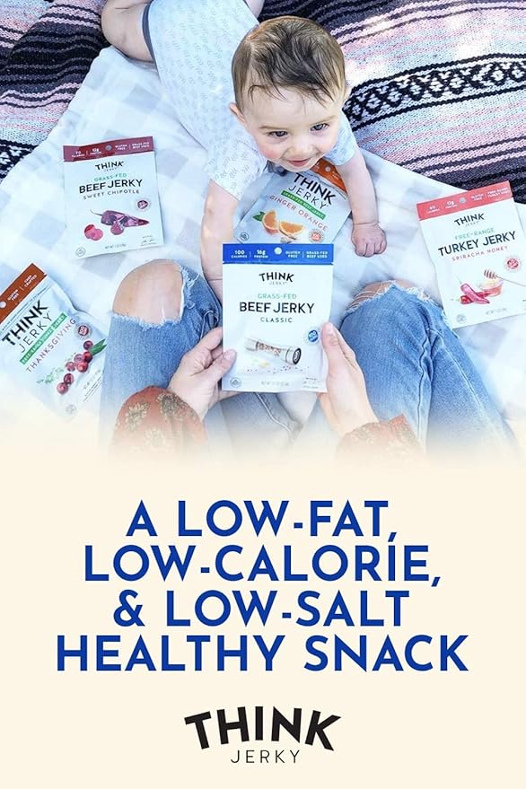 Think Jerky Classic Beef Jerky, Grass-Fed High Protein Beef, Gluten Free, No Antibiotics or Nitrates, Healthy Chef Crafted Recipe, Low Calorie and Low Fat - 1.0 oz Bags, 8 Pack